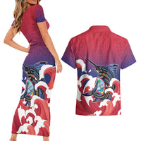 Guam Blue Marlin Fishing Couples Matching Short Sleeve Bodycon Dress and Hawaiian Shirt Polynesian Style
