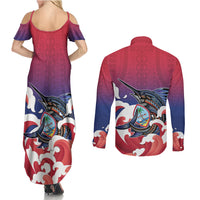 Guam Blue Marlin Fishing Couples Matching Summer Maxi Dress and Long Sleeve Button Shirt Polynesian Style