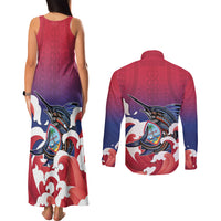 Guam Blue Marlin Fishing Couples Matching Tank Maxi Dress and Long Sleeve Button Shirt Polynesian Style