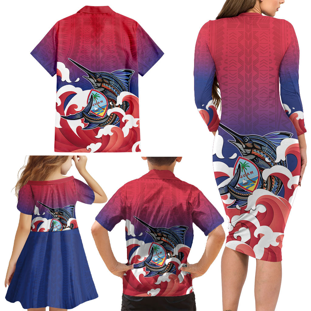 Guam Blue Marlin Fishing Family Matching Long Sleeve Bodycon Dress and Hawaiian Shirt Polynesian Style LT05 - Polynesian Pride