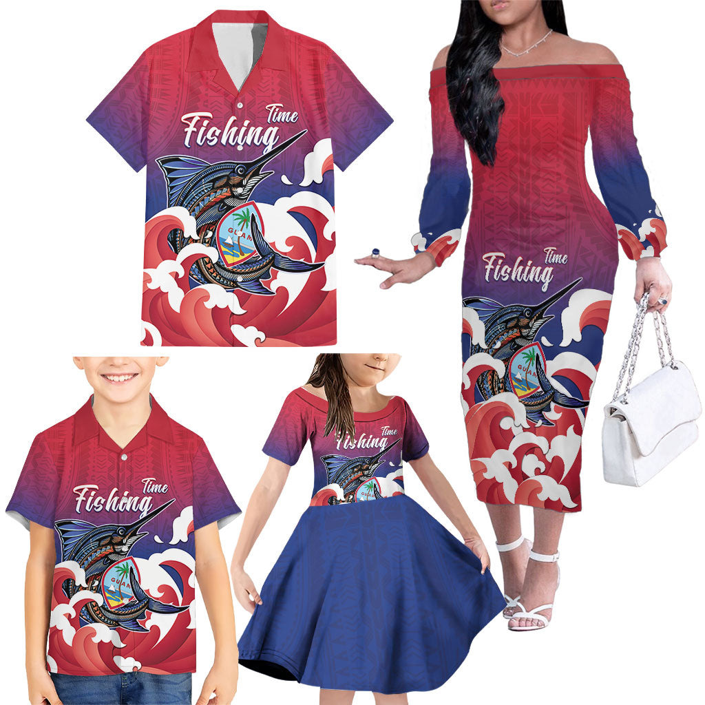 Guam Blue Marlin Fishing Family Matching Off The Shoulder Long Sleeve Dress and Hawaiian Shirt Polynesian Style