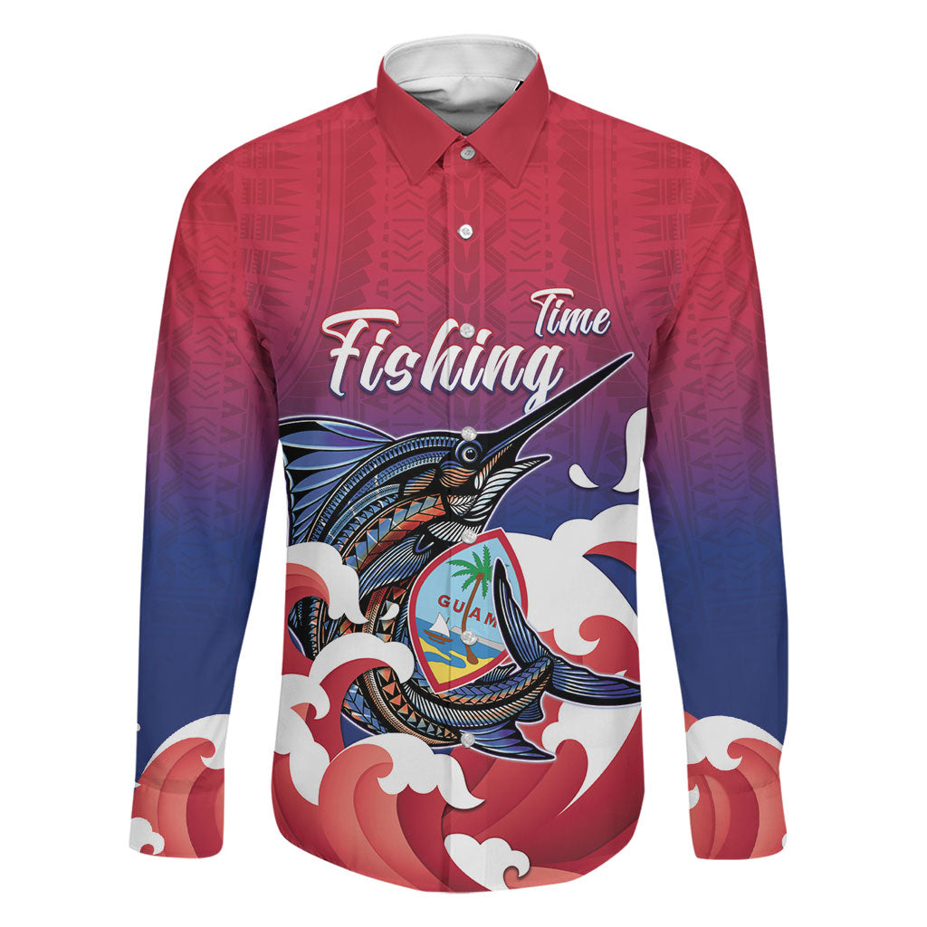 Guam Blue Marlin Fishing Family Matching Off Shoulder Maxi Dress and Hawaiian Shirt Polynesian Style LT05 Dad's Shirt - Long Sleeve Red - Polynesian Pride