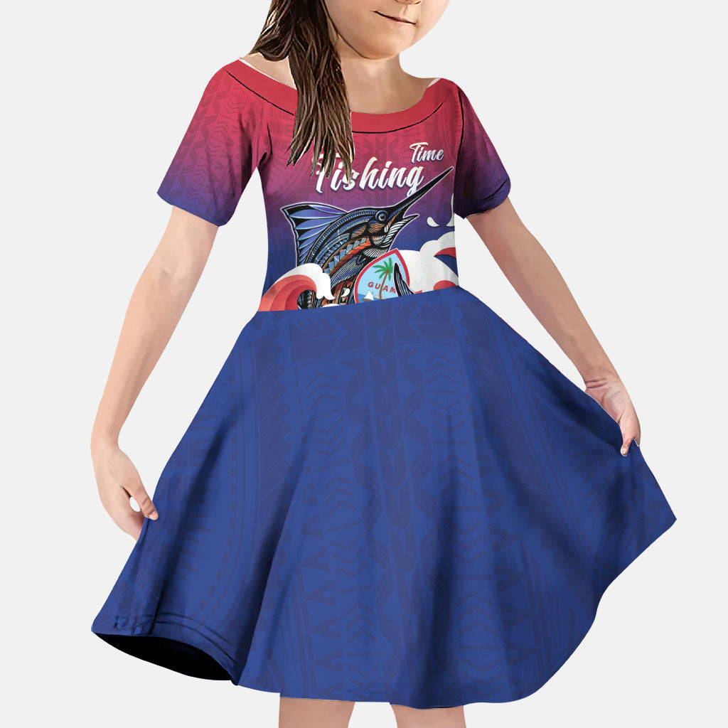 Guam Blue Marlin Fishing Family Matching Summer Maxi Dress and Hawaiian Shirt Polynesian Style LT05 Daughter's Dress Red - Polynesian Pride