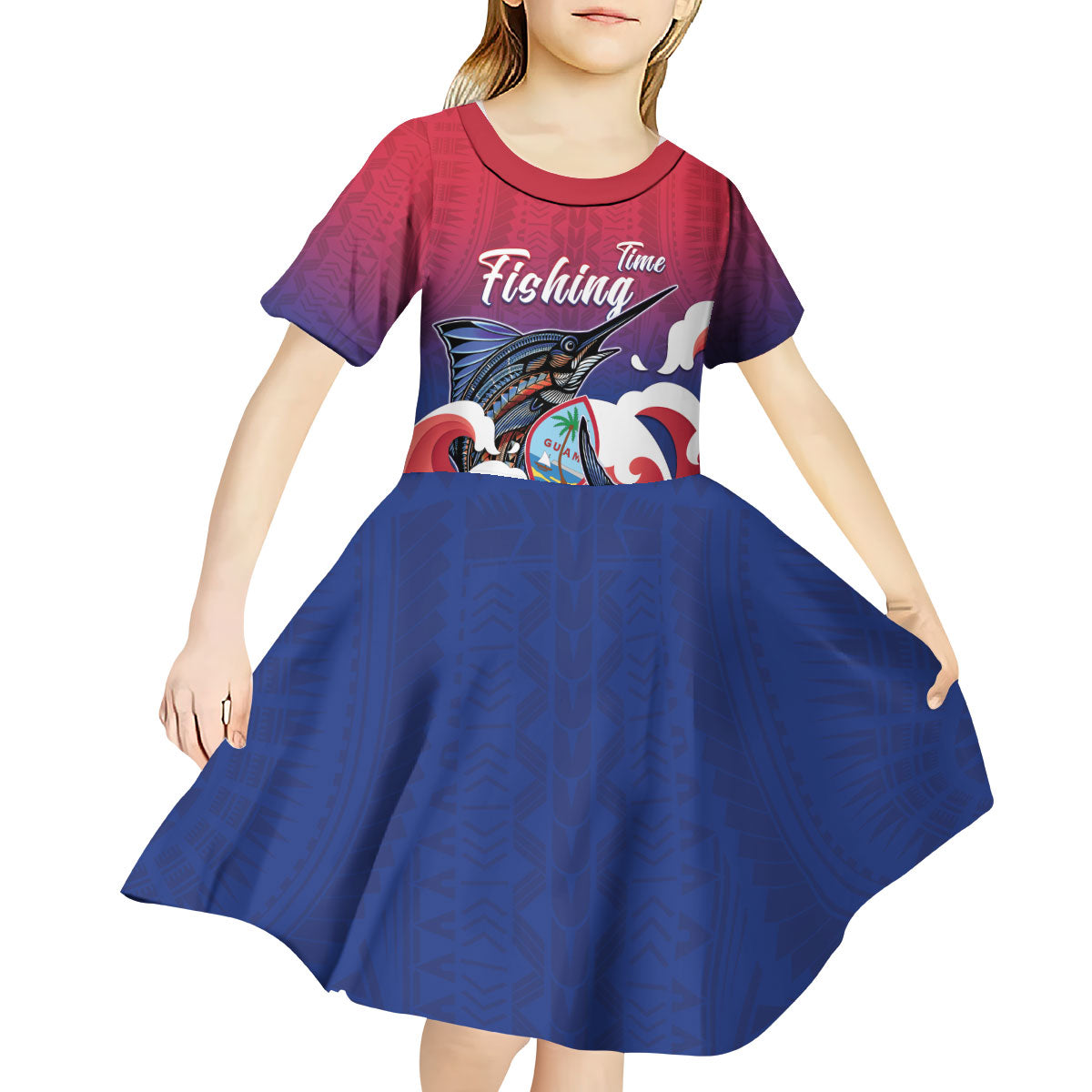 Guam Blue Marlin Fishing Kid Short Sleeve Dress Polynesian Style
