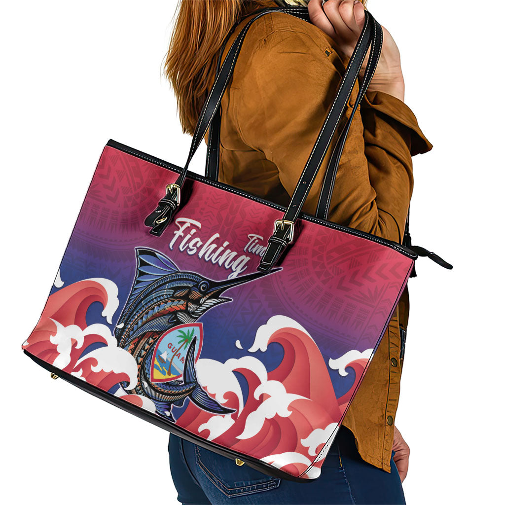 Guam Blue Marlin Fishing Leather Tote Bag Polynesian Style