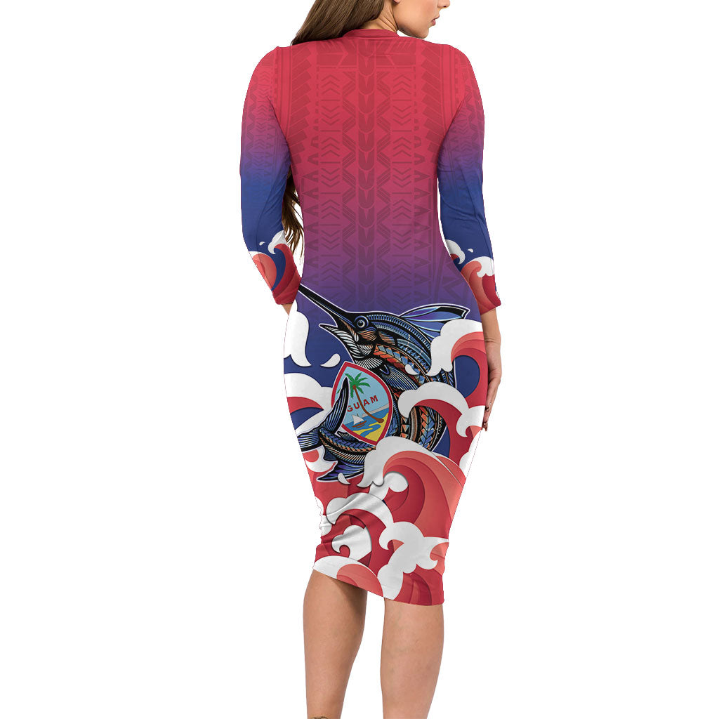 Guam Blue Marlin Fishing Long Sleeve Bodycon Dress Polynesian Style