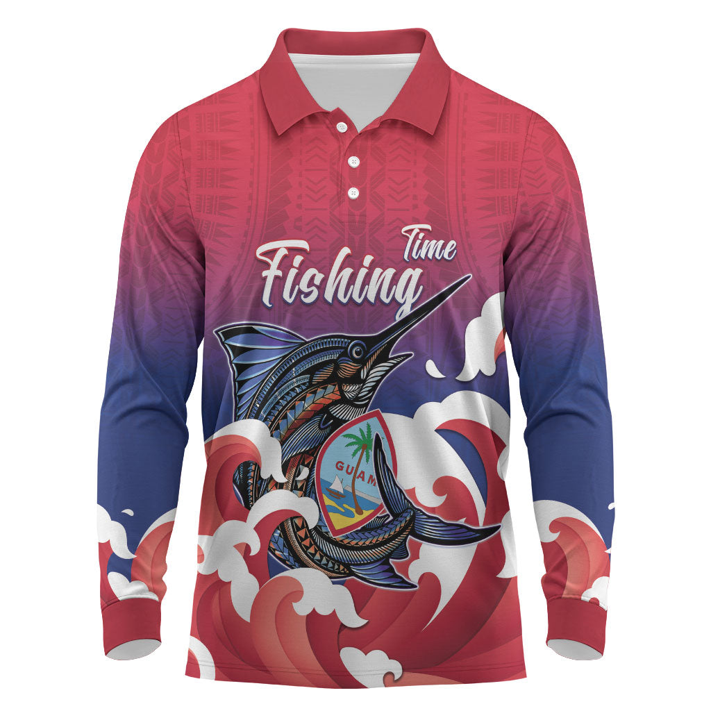 Guam Blue Marlin Fishing Long Sleeve Polo Shirt Polynesian Style