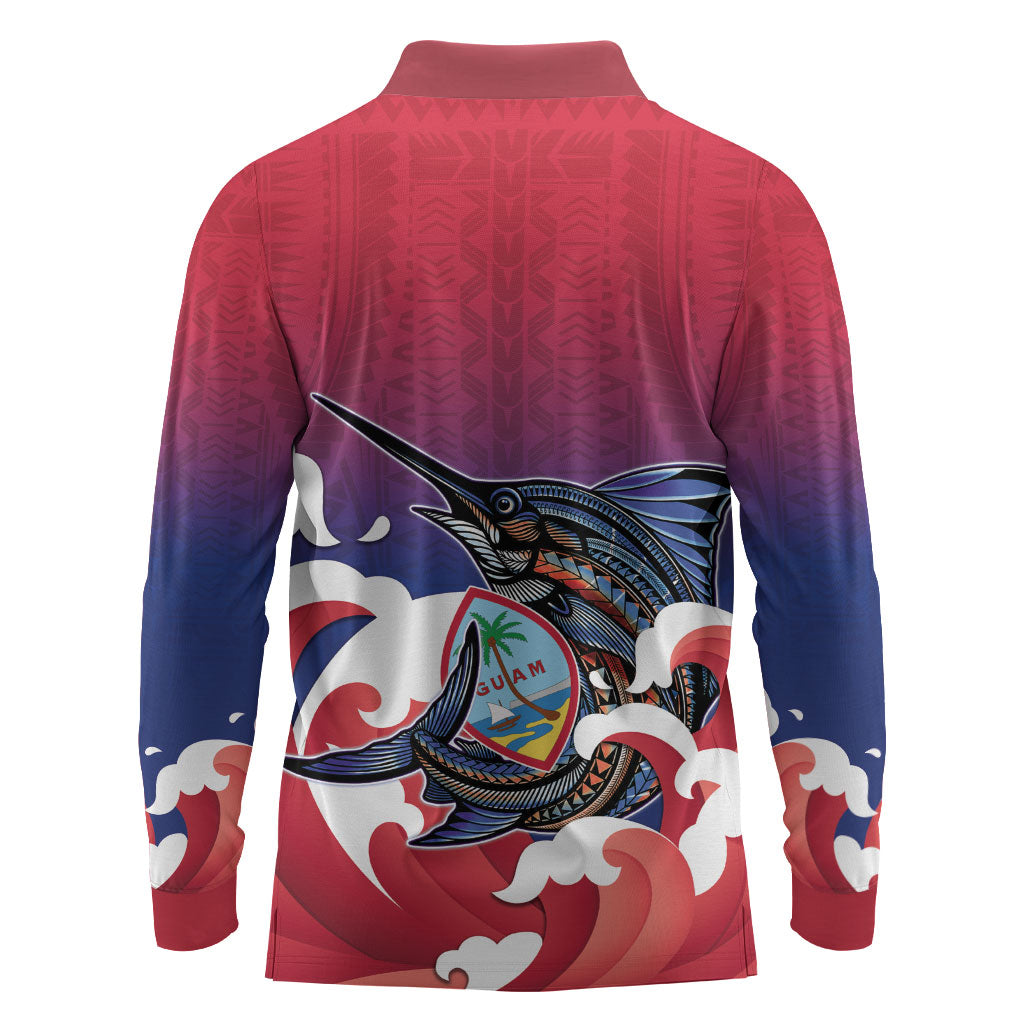 Guam Blue Marlin Fishing Long Sleeve Polo Shirt Polynesian Style