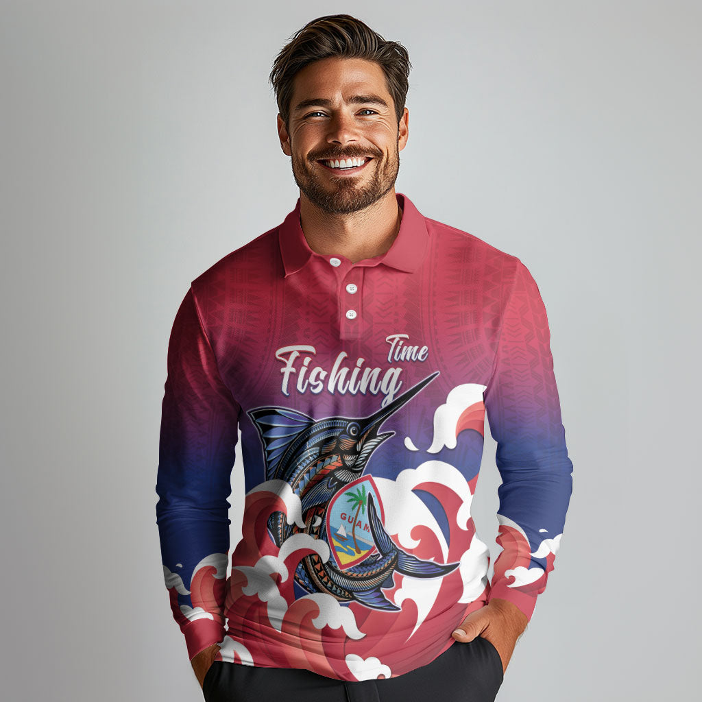 Guam Blue Marlin Fishing Long Sleeve Polo Shirt Polynesian Style