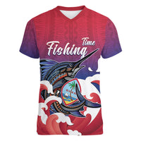 Guam Blue Marlin Fishing Women V-Neck T-Shirt Polynesian Style