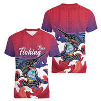 Guam Blue Marlin Fishing Women V-Neck T-Shirt Polynesian Style