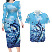 Hawaii Blue Marlin Fishing Couples Matching Long Sleeve Bodycon Dress and Hawaiian Shirt