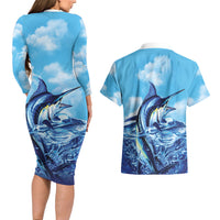 Hawaii Blue Marlin Fishing Couples Matching Long Sleeve Bodycon Dress and Hawaiian Shirt