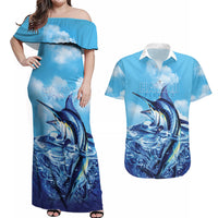 Hawaii Blue Marlin Fishing Couples Matching Off Shoulder Maxi Dress and Hawaiian Shirt