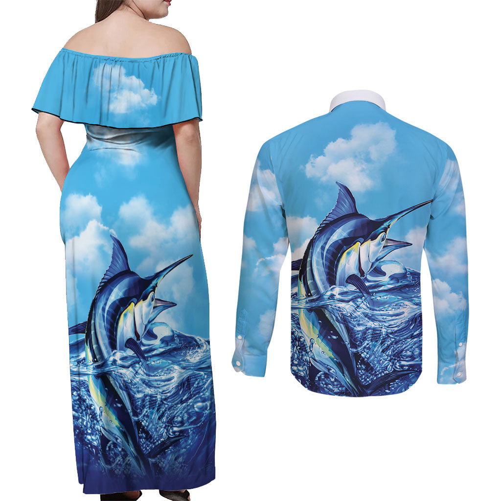 Hawaii Blue Marlin Fishing Couples Matching Off Shoulder Maxi Dress and Long Sleeve Button Shirt