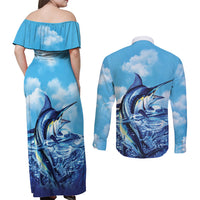 Hawaii Blue Marlin Fishing Couples Matching Off Shoulder Maxi Dress and Long Sleeve Button Shirt