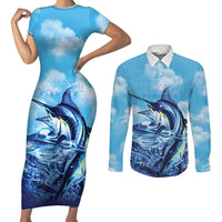 Hawaii Blue Marlin Fishing Couples Matching Short Sleeve Bodycon Dress and Long Sleeve Button Shirt