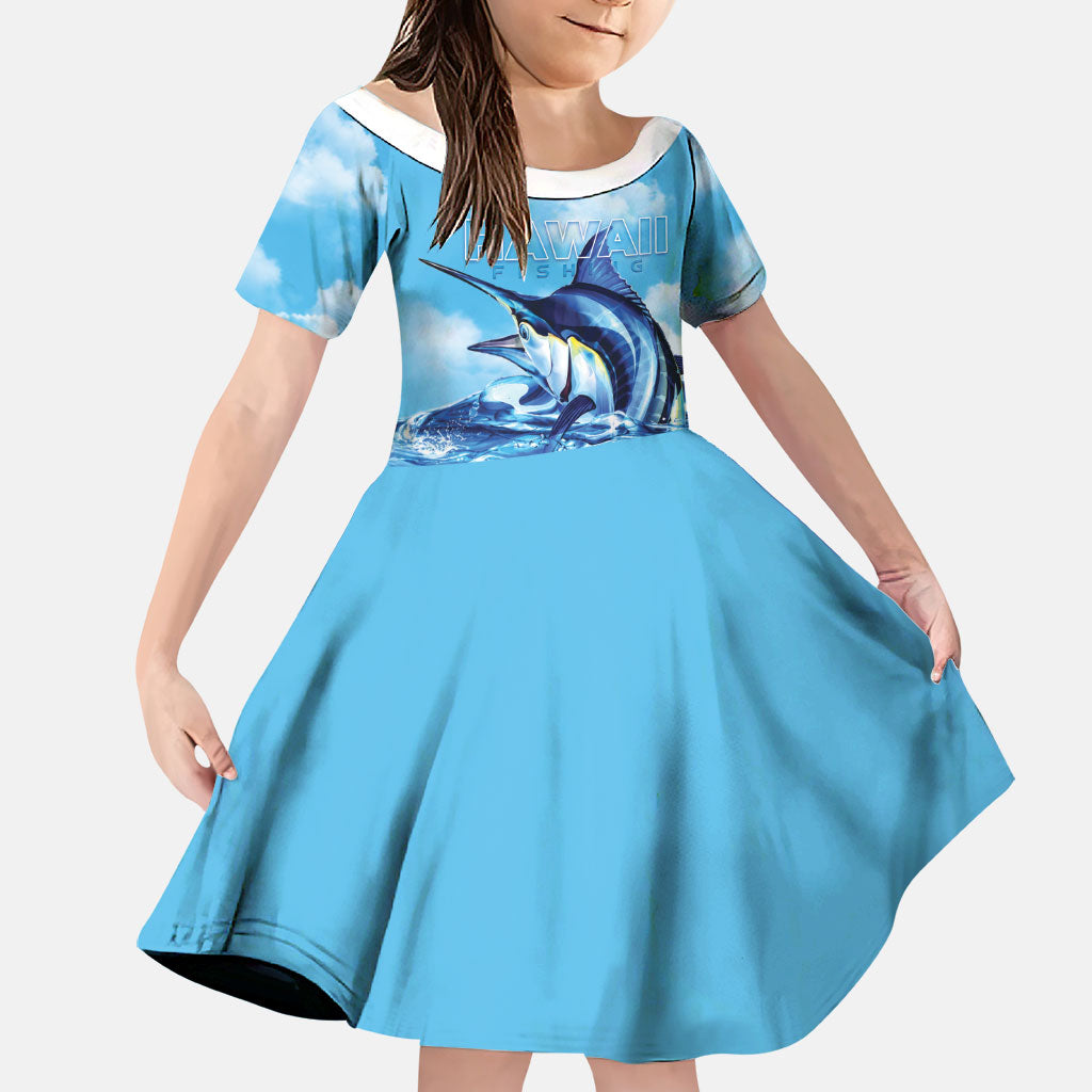 Hawaii Blue Marlin Fishing Family Matching Mermaid Dress and Hawaiian Shirt LT05 Daughter's Dress Blue - Polynesian Pride