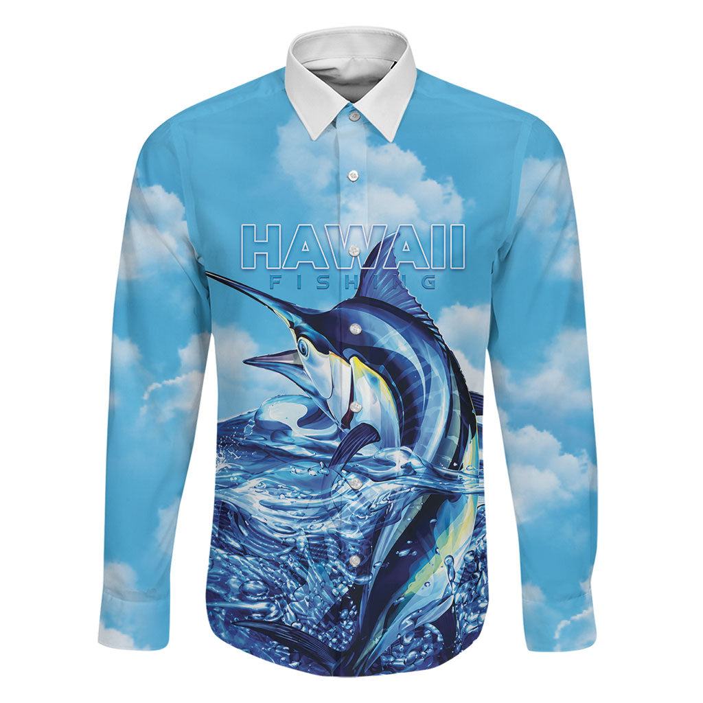 Hawaii Blue Marlin Fishing Family Matching Mermaid Dress and Hawaiian Shirt LT05 Dad's Shirt - Long Sleeve Blue - Polynesian Pride