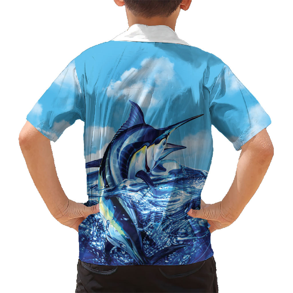 Hawaii Blue Marlin Fishing Family Matching Off The Shoulder Long Sleeve Dress and Hawaiian Shirt LT05 - Polynesian Pride
