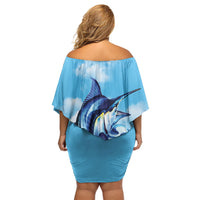 Hawaii Blue Marlin Fishing Family Matching Off Shoulder Short Dress and Hawaiian Shirt