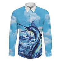 Hawaii Blue Marlin Fishing Family Matching Short Sleeve Bodycon Dress and Hawaiian Shirt LT05 Dad's Shirt - Long Sleeve Blue - Polynesian Pride