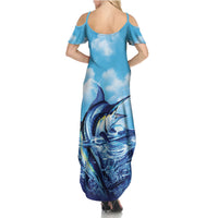 Hawaii Blue Marlin Fishing Family Matching Summer Maxi Dress and Hawaiian Shirt