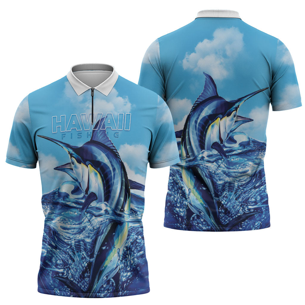 Hawaii Blue Marlin Fishing Zipper Polo Shirt