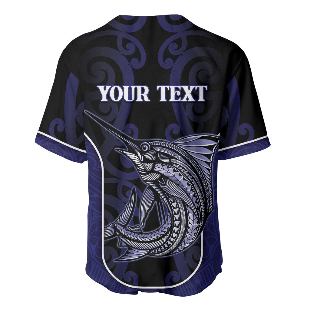 Personalised New Zealand Aotearoa Baseball Jersey Blue Marlin Fishing Maori Pattern