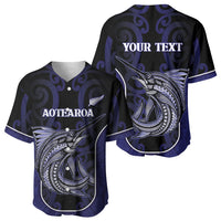 Personalised New Zealand Aotearoa Baseball Jersey Blue Marlin Fishing Maori Pattern