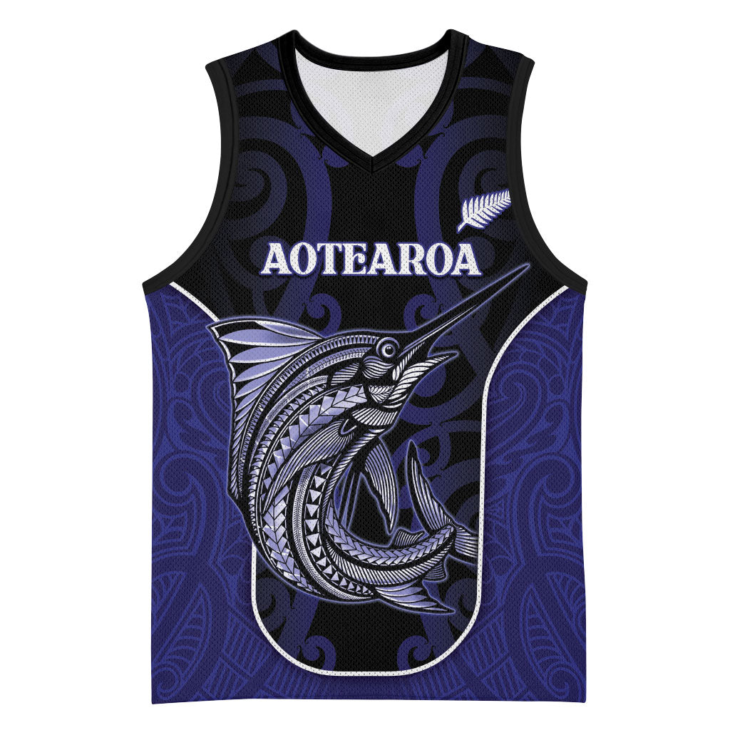 Personalised New Zealand Aotearoa Basketball Jersey Blue Marlin Fishing Maori Pattern