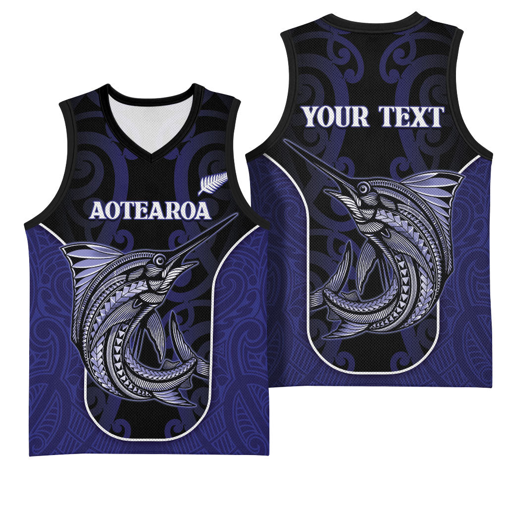 Personalised New Zealand Aotearoa Basketball Jersey Blue Marlin Fishing Maori Pattern