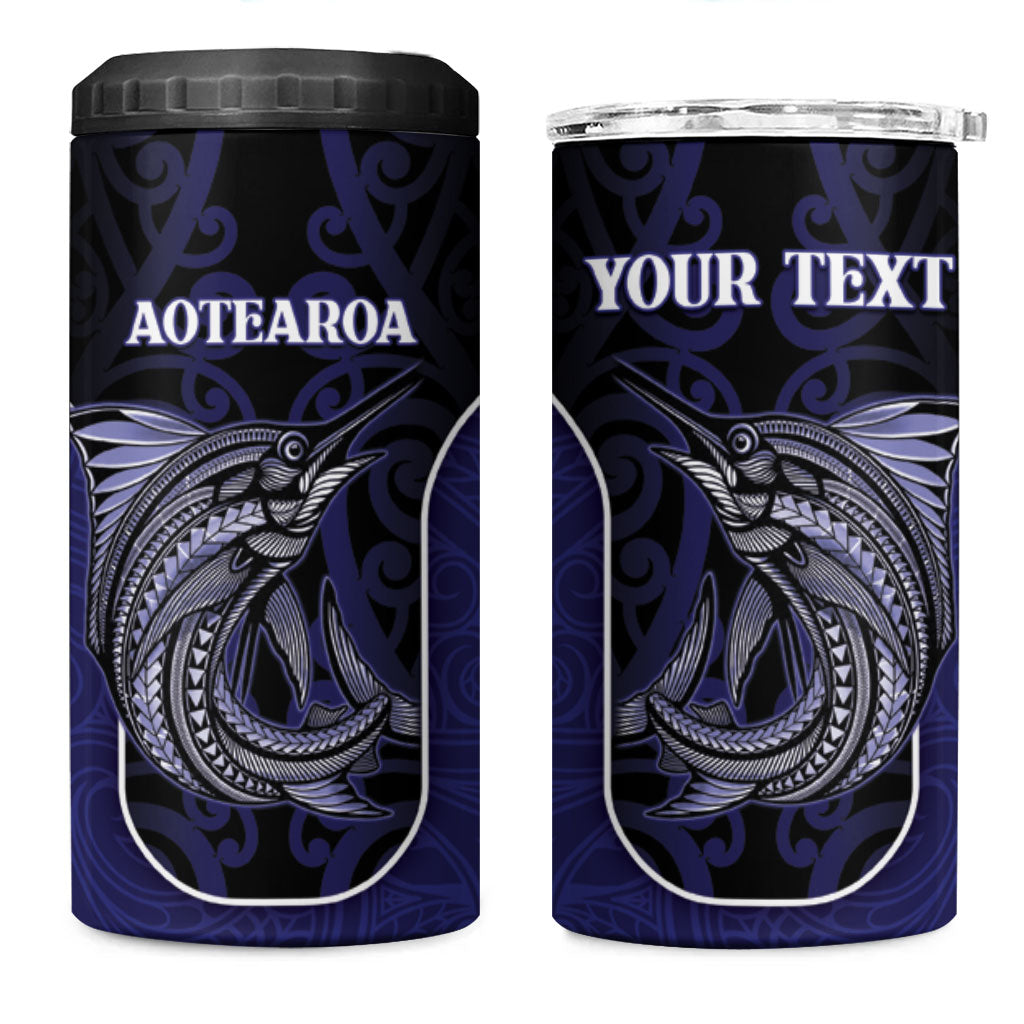 Personalised New Zealand Aotearoa 4 in 1 Can Cooler Tumbler Blue Marlin Fishing Maori Pattern