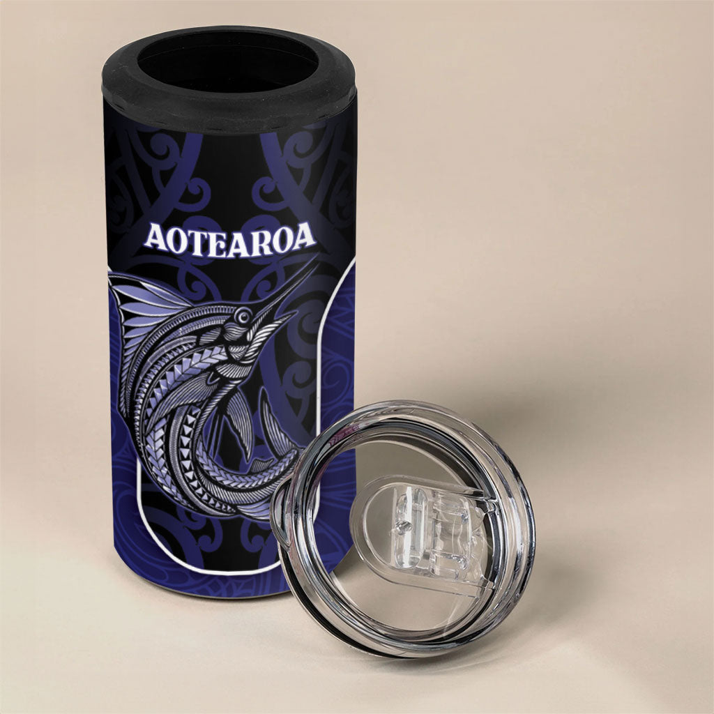 Personalised New Zealand Aotearoa 4 in 1 Can Cooler Tumbler Blue Marlin Fishing Maori Pattern