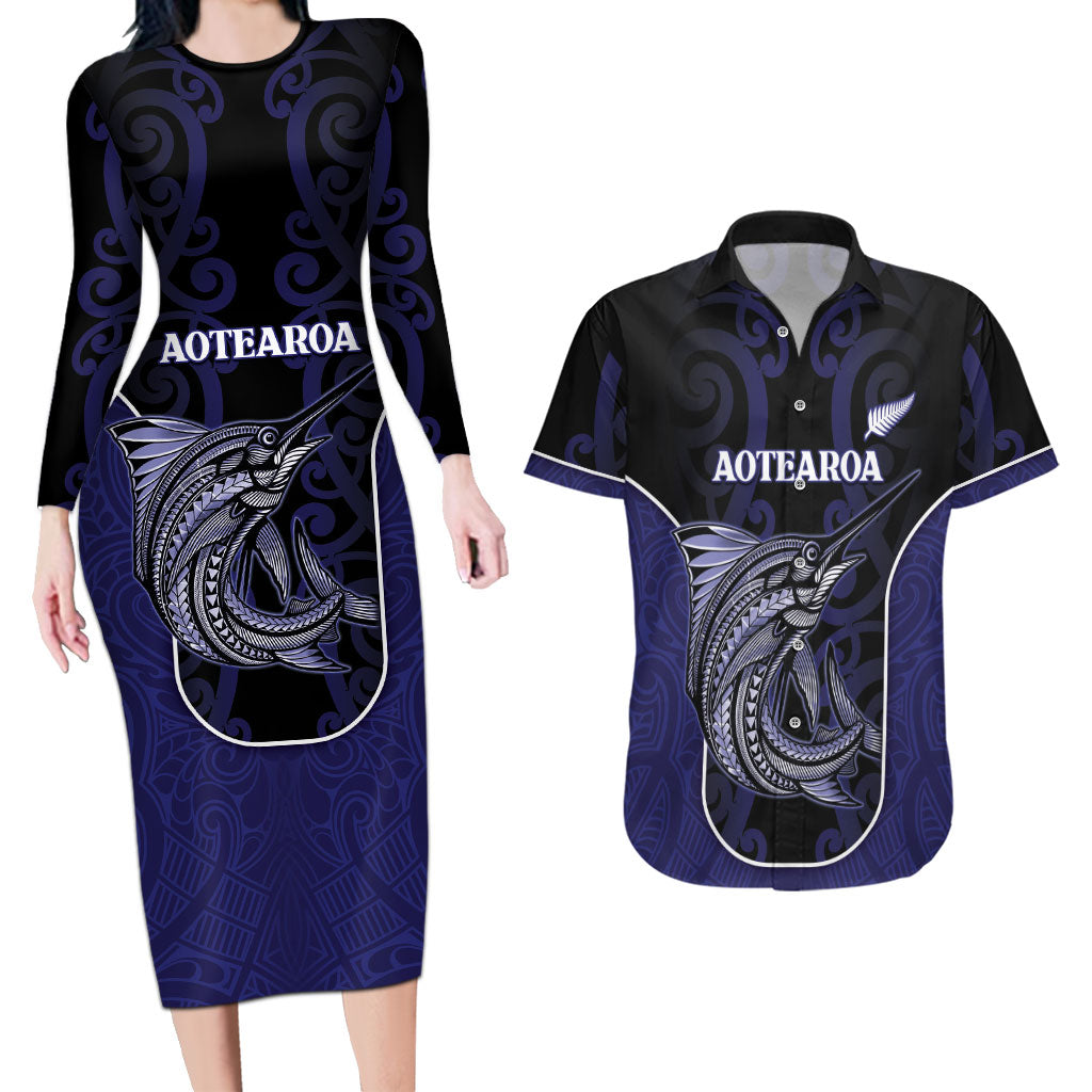 Personalised New Zealand Aotearoa Couples Matching Long Sleeve Bodycon Dress and Hawaiian Shirt Blue Marlin Fishing Maori Pattern LT05 Black - Polynesian Pride