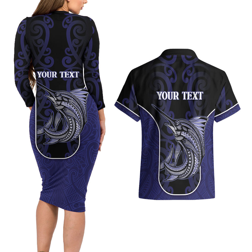 Personalised New Zealand Aotearoa Couples Matching Long Sleeve Bodycon Dress and Hawaiian Shirt Blue Marlin Fishing Maori Pattern LT05 - Polynesian Pride