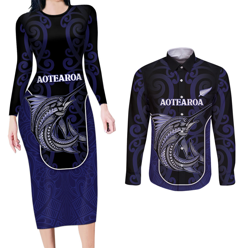 Personalised New Zealand Aotearoa Couples Matching Long Sleeve Bodycon Dress and Long Sleeve Button Shirt Blue Marlin Fishing Maori Pattern LT05 Black - Polynesian Pride