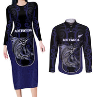 Personalised New Zealand Aotearoa Couples Matching Long Sleeve Bodycon Dress and Long Sleeve Button Shirt Blue Marlin Fishing Maori Pattern LT05 Black - Polynesian Pride