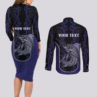 Personalised New Zealand Aotearoa Couples Matching Long Sleeve Bodycon Dress and Long Sleeve Button Shirt Blue Marlin Fishing Maori Pattern LT05 - Polynesian Pride