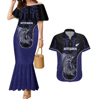 Personalised New Zealand Aotearoa Couples Matching Mermaid Dress and Hawaiian Shirt Blue Marlin Fishing Maori Pattern LT05 Black - Polynesian Pride