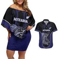 Personalised New Zealand Aotearoa Couples Matching Off Shoulder Short Dress and Hawaiian Shirt Blue Marlin Fishing Maori Pattern LT05 Black - Polynesian Pride