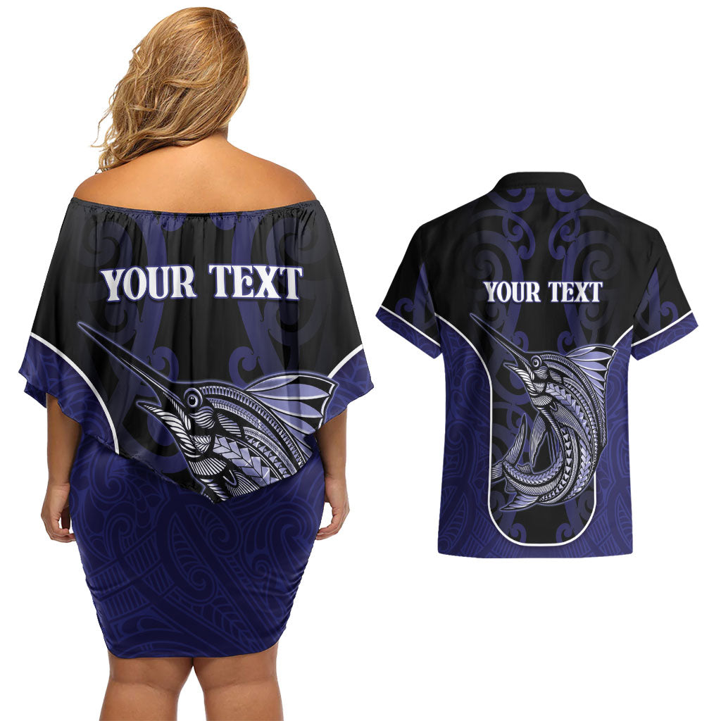 Personalised New Zealand Aotearoa Couples Matching Off Shoulder Short Dress and Hawaiian Shirt Blue Marlin Fishing Maori Pattern LT05 - Polynesian Pride