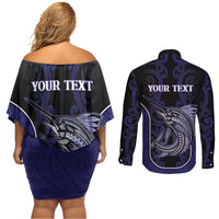 Personalised New Zealand Aotearoa Couples Matching Off Shoulder Short Dress and Long Sleeve Button Shirt Blue Marlin Fishing Maori Pattern
