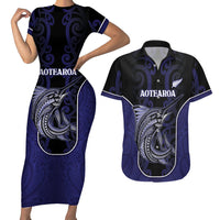 Personalised New Zealand Aotearoa Couples Matching Short Sleeve Bodycon Dress and Hawaiian Shirt Blue Marlin Fishing Maori Pattern LT05 Black - Polynesian Pride