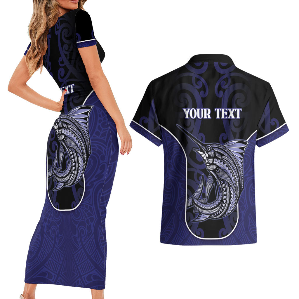 Personalised New Zealand Aotearoa Couples Matching Short Sleeve Bodycon Dress and Hawaiian Shirt Blue Marlin Fishing Maori Pattern LT05 - Polynesian Pride