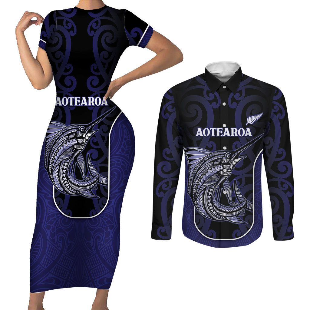 Personalised New Zealand Aotearoa Couples Matching Short Sleeve Bodycon Dress and Long Sleeve Button Shirt Blue Marlin Fishing Maori Pattern LT05 Black - Polynesian Pride
