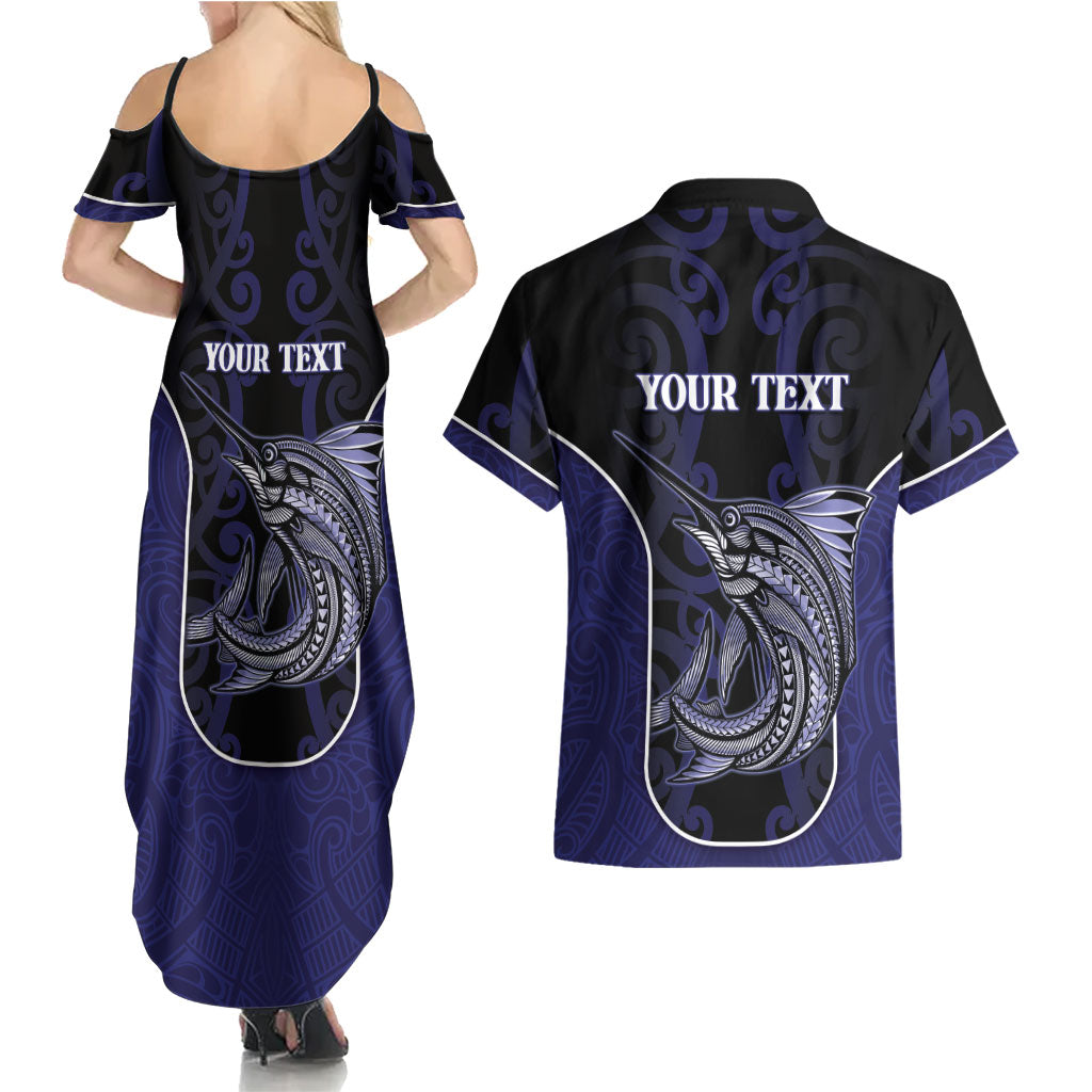 Personalised New Zealand Aotearoa Couples Matching Summer Maxi Dress and Hawaiian Shirt Blue Marlin Fishing Maori Pattern LT05 - Polynesian Pride
