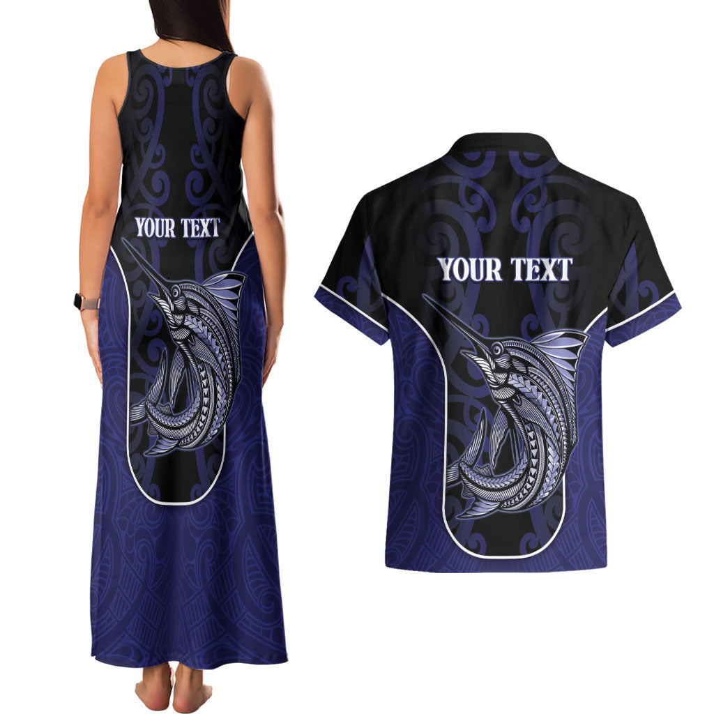 Personalised New Zealand Aotearoa Couples Matching Tank Maxi Dress and Hawaiian Shirt Blue Marlin Fishing Maori Pattern LT05 - Polynesian Pride