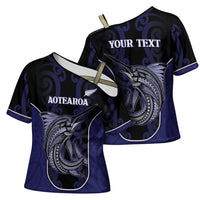 Personalised New Zealand Aotearoa Cross Shoulder Shirt Blue Marlin Fishing Maori Pattern