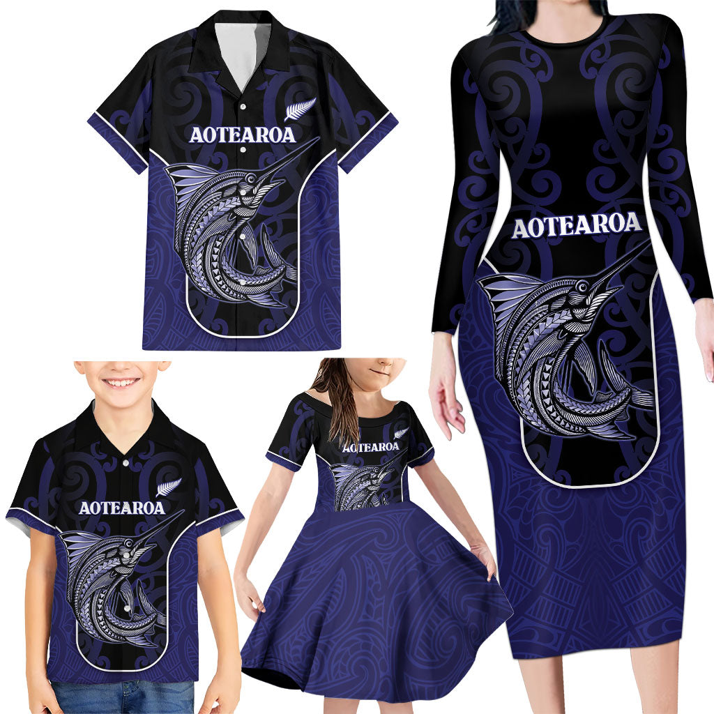 Personalised New Zealand Aotearoa Family Matching Long Sleeve Bodycon Dress and Hawaiian Shirt Blue Marlin Fishing Maori Pattern LT05 - Polynesian Pride
